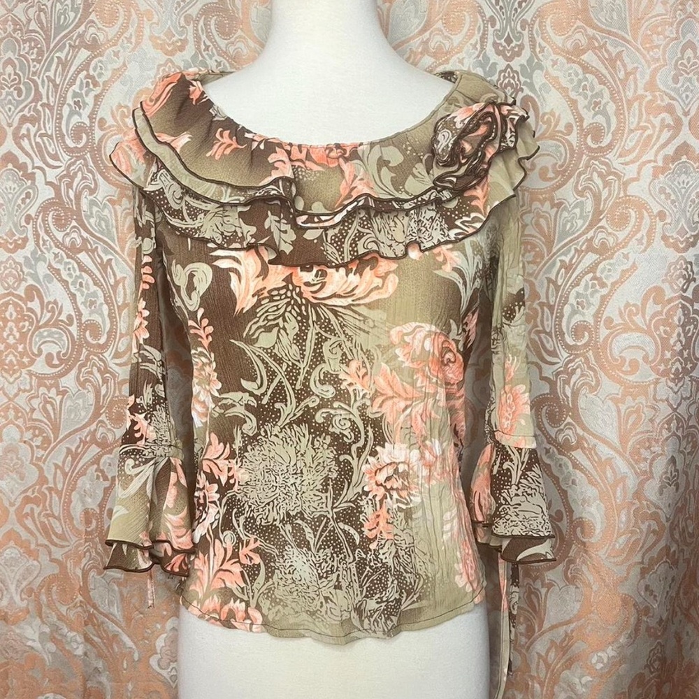 Laura Ashley Floral Ruffle Blouse - Peach and Olive